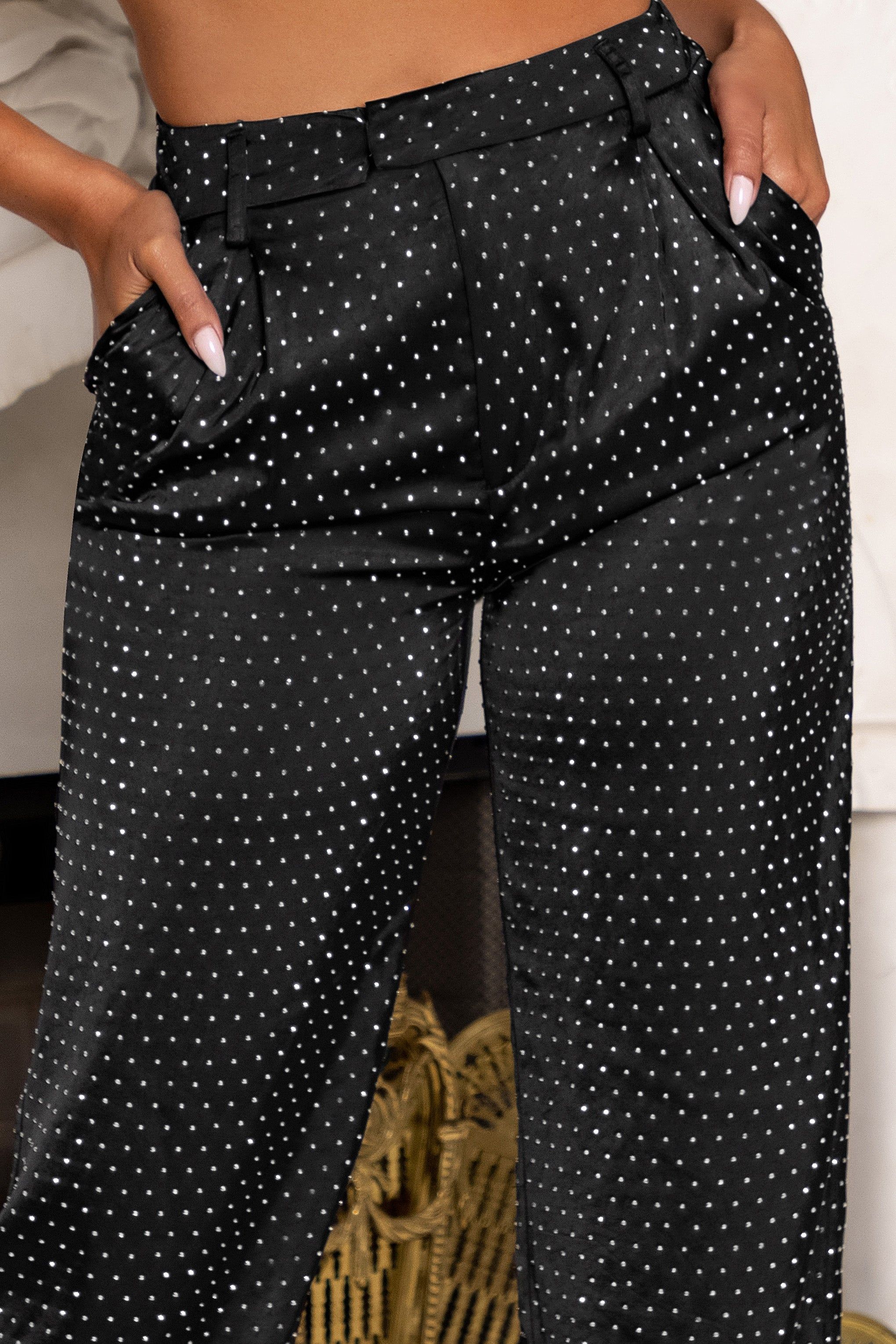 Adorned | Black Diamante Satin Wide Leg Trousers sold by Club L London product image thumbnail 5