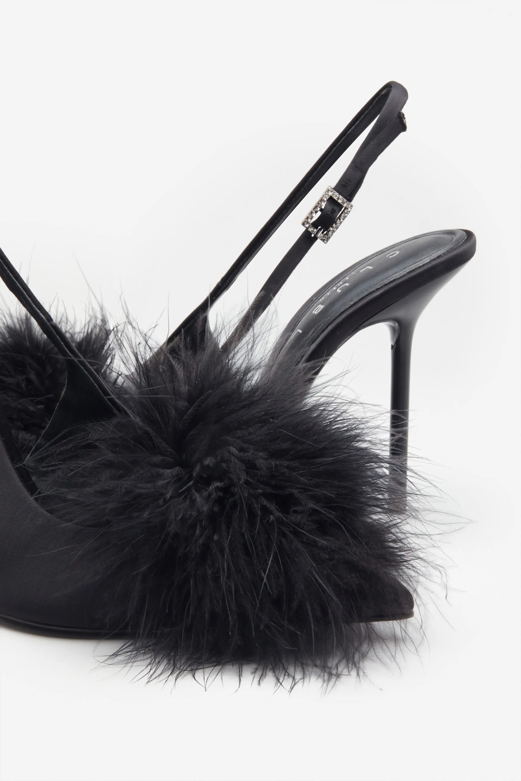 High Pitched | Black Satin Sling Back Heels With Pom Poms sold by Club L London product image thumbnail 4