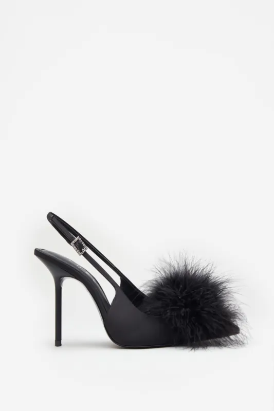 High Pitched | Black Satin Sling Back Heels With Pom Poms sold by Club L London
