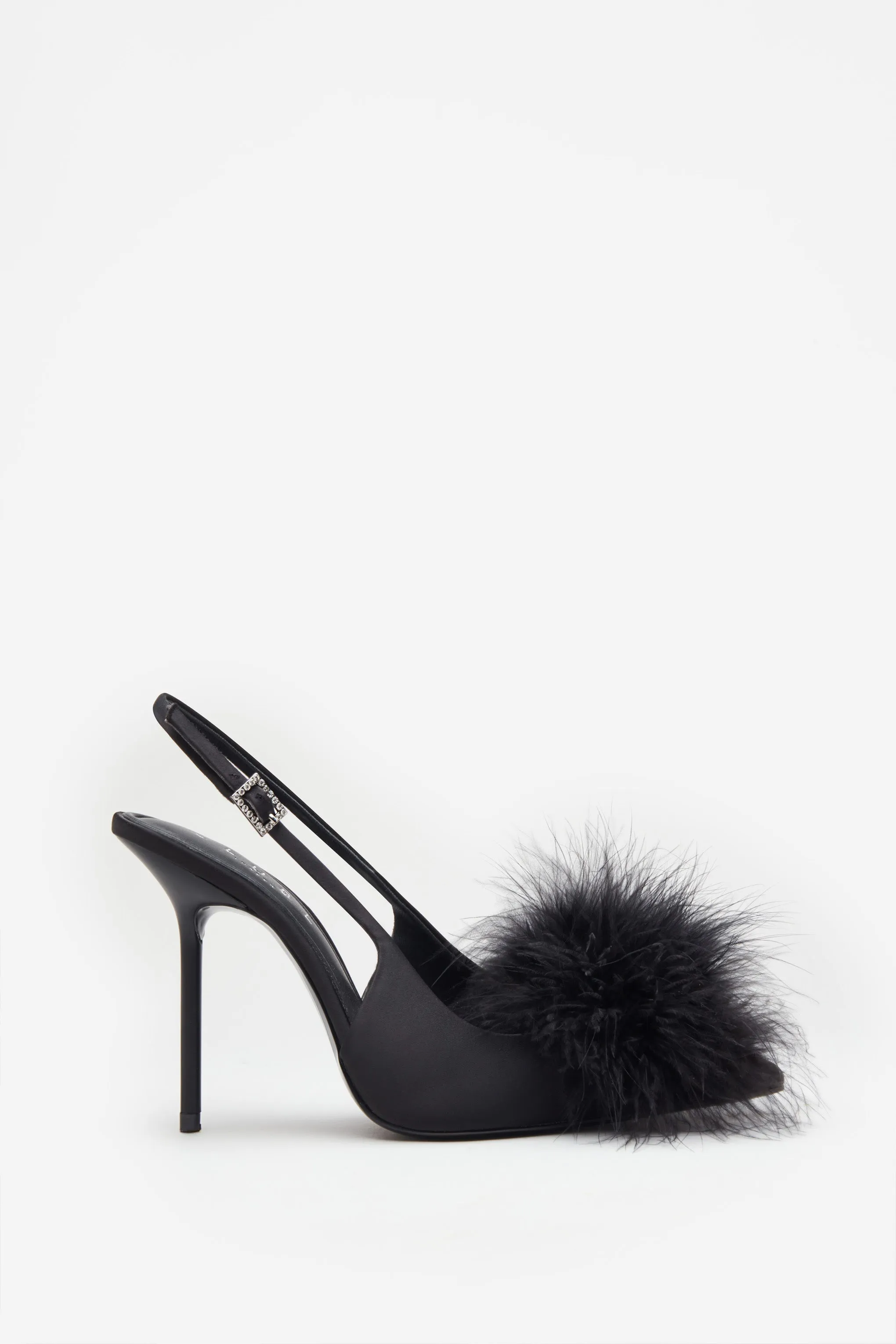 High Pitched | Black Satin Sling Back Heels With Pom Poms sold by Club L London