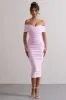 Unwrapped | Pink Ruched Twist Bardot Midi Dress sold by Club L London
