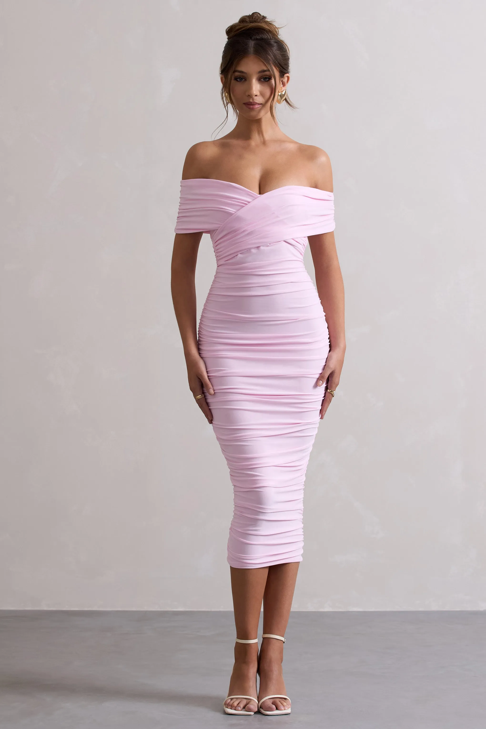 Unwrapped | Pink Ruched Twist Bardot Midi Dress sold by Club L London product image thumbnail 4