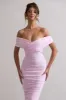Unwrapped | Pink Ruched Twist Bardot Midi Dress sold by Club L London