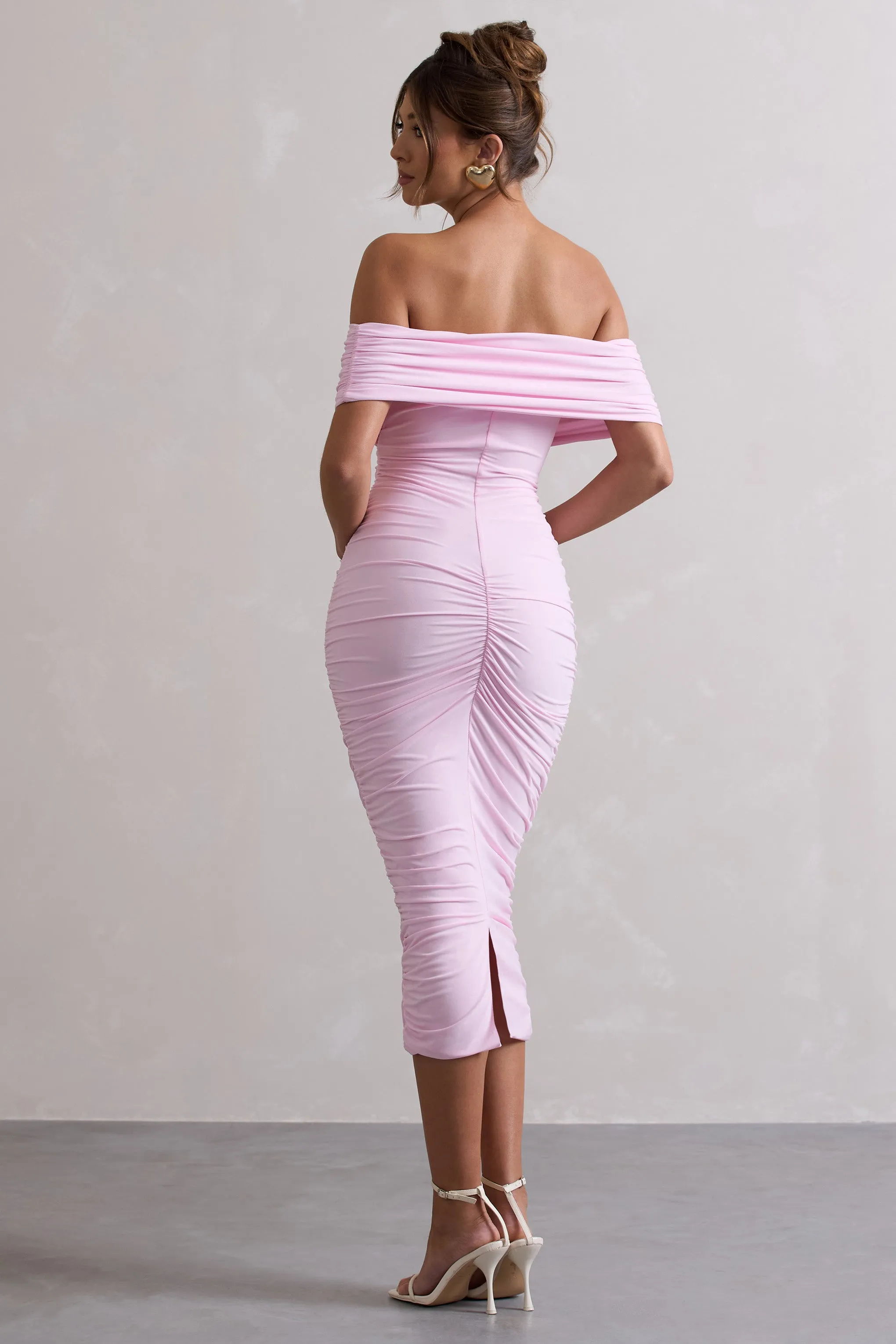 Unwrapped | Pink Ruched Twist Bardot Midi Dress sold by Club L London product image thumbnail 2