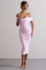 Unwrapped | Pink Ruched Twist Bardot Midi Dress sold by Club L London