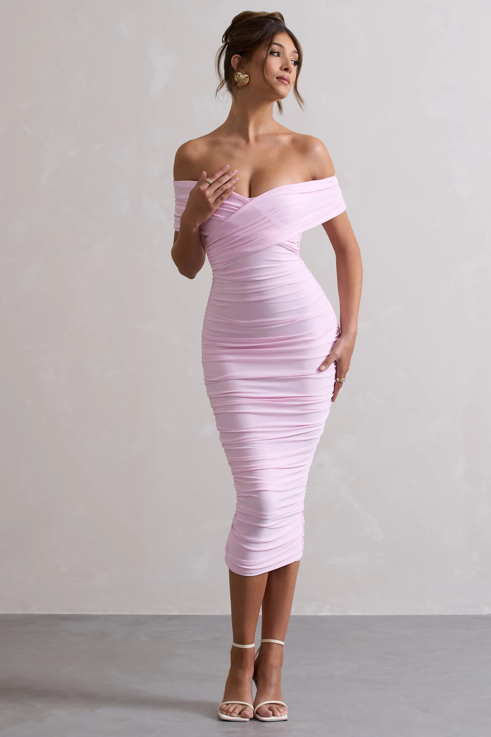Unwrapped | Pink Ruched Twist Bardot Midi Dress sold by Club L London product image thumbnail 5