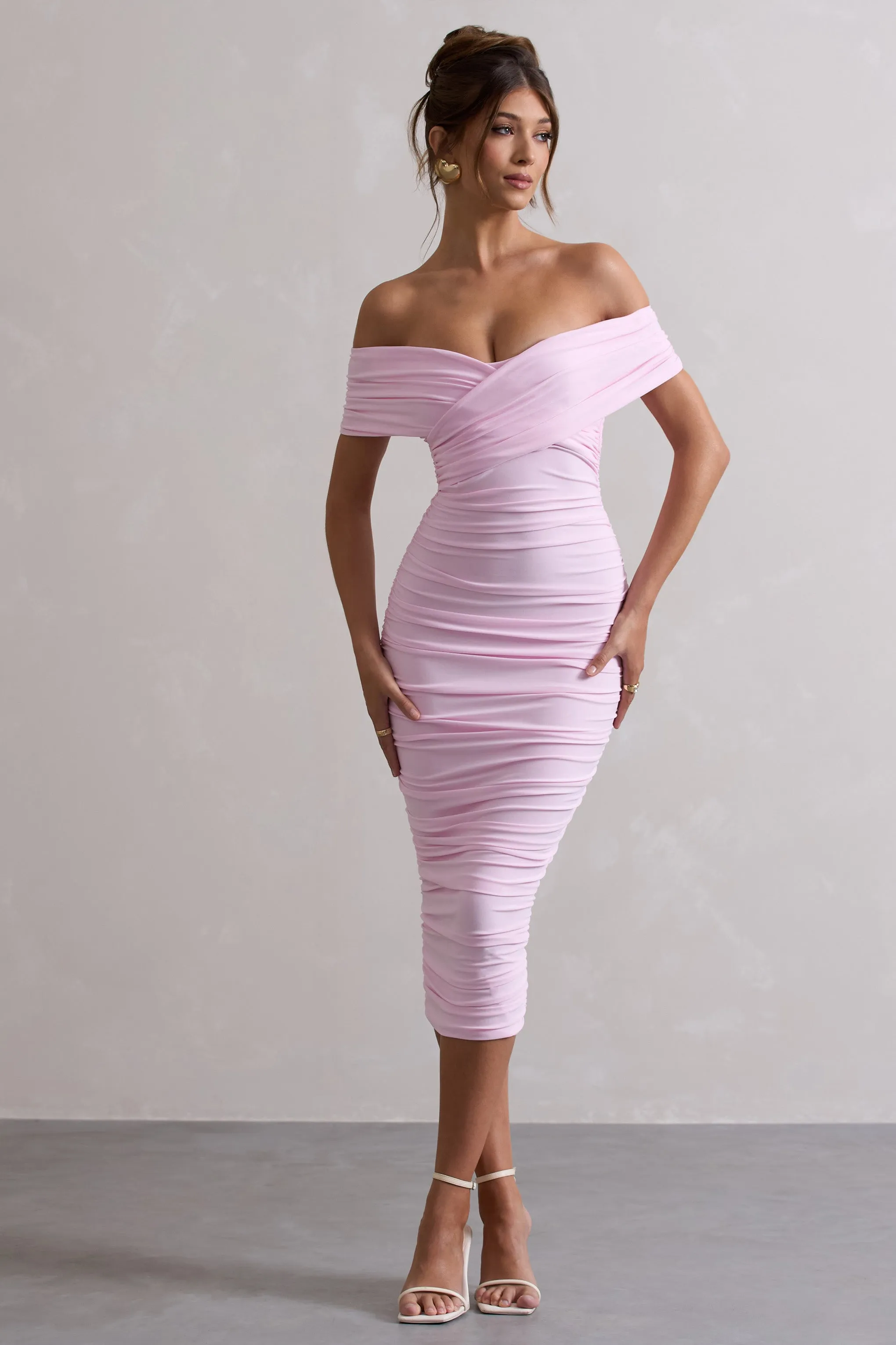 Unwrapped | Pink Ruched Twist Bardot Midi Dress sold by Club L London