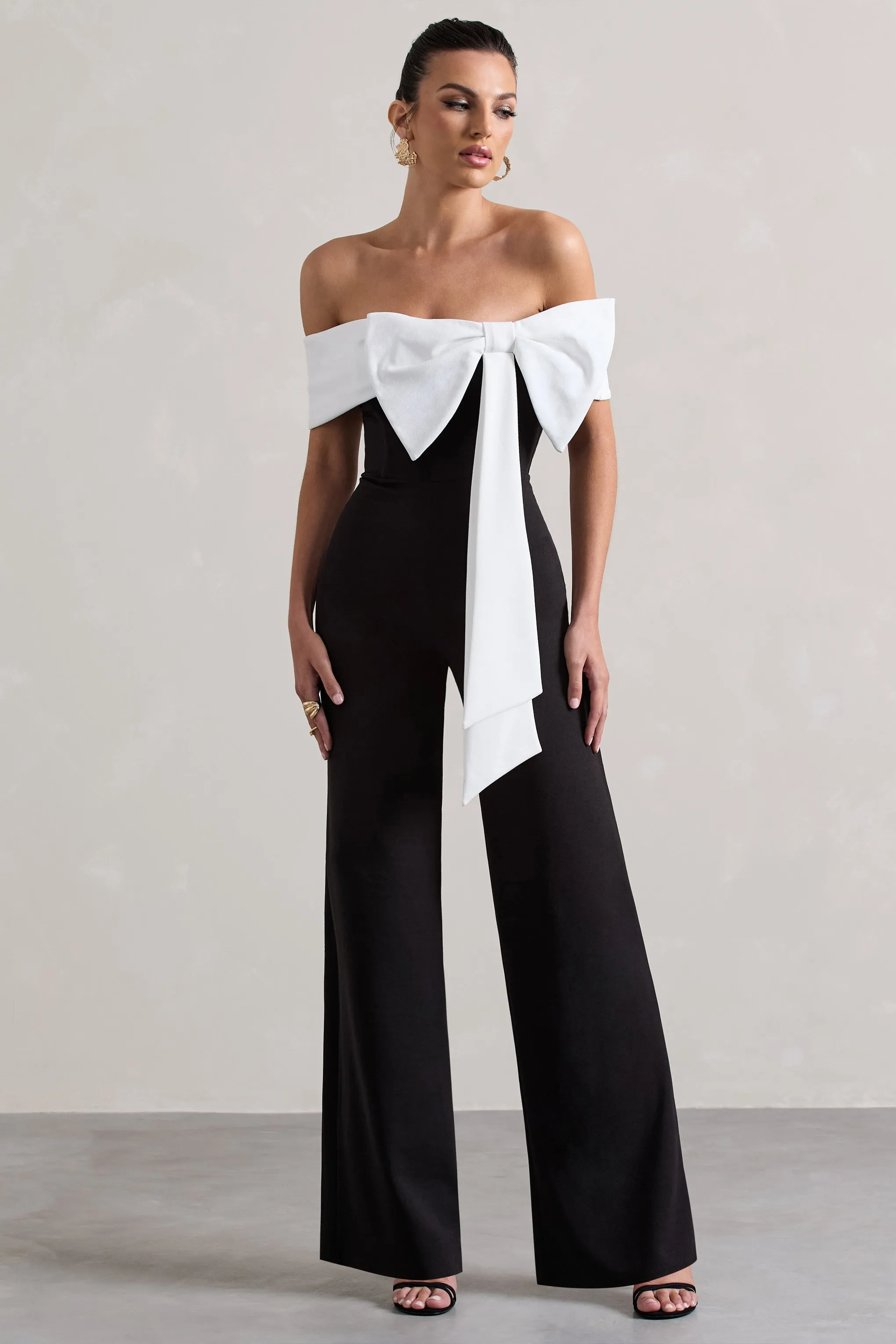 Bower | Black Bardot Straight-Leg Jumpsuit With Bow sold by Club L London