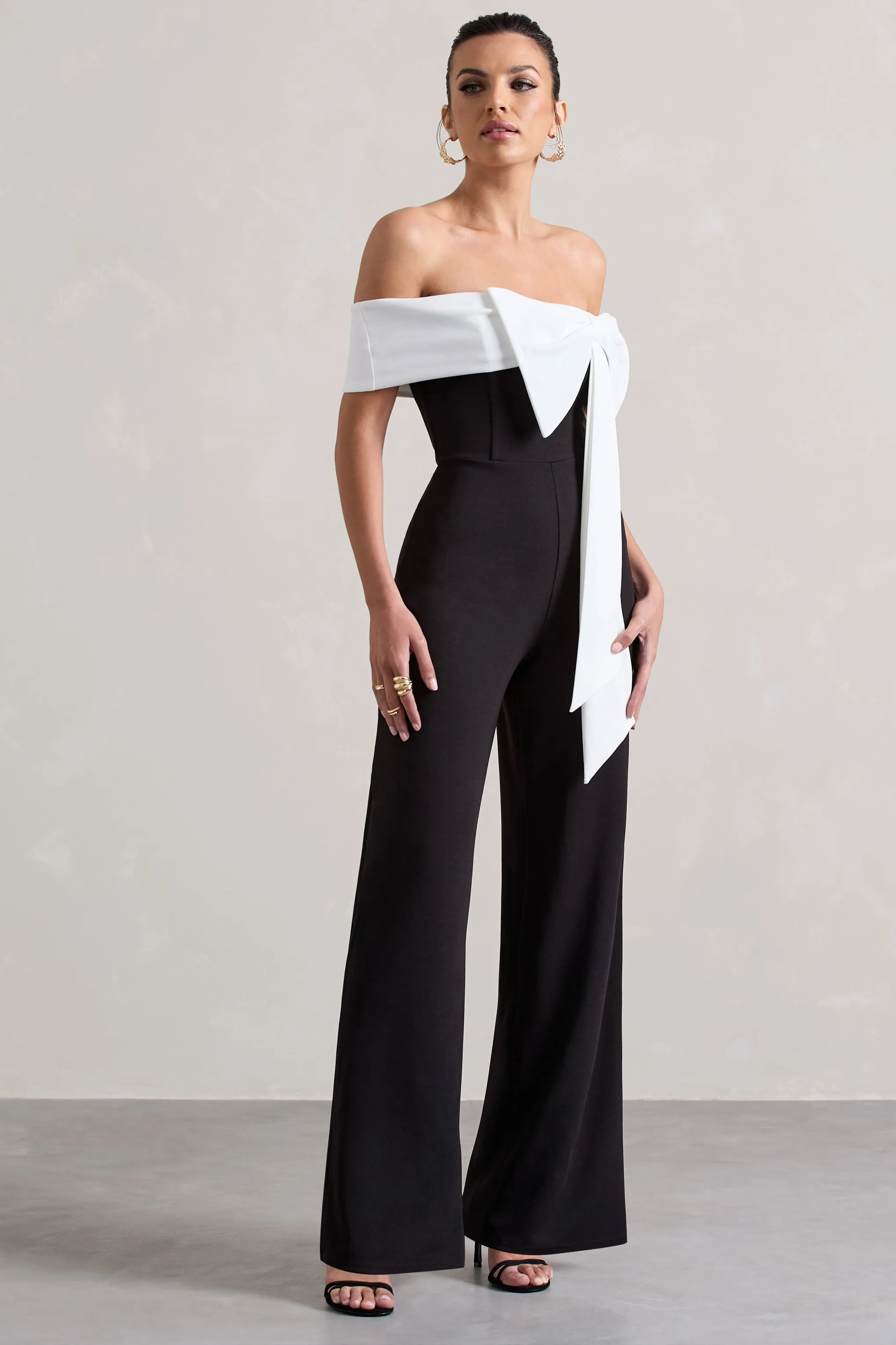 Bower | Black Bardot Straight-Leg Jumpsuit With Bow sold by Club L London product image thumbnail 5