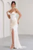Grand Gift | Cream Satin Corset Draped Fishtail Maxi Dress sold by Club L London