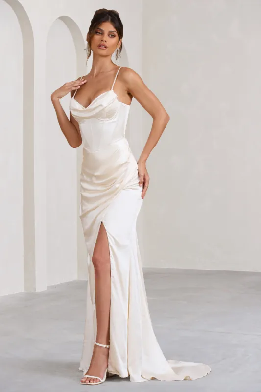 Grand Gift | Cream Satin Corset Draped Fishtail Maxi Dress sold by Club L London