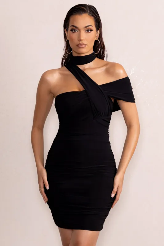 Leigh | Black Asymmetric Off The Shoulder Ruched Mini Dress sold by Club L London