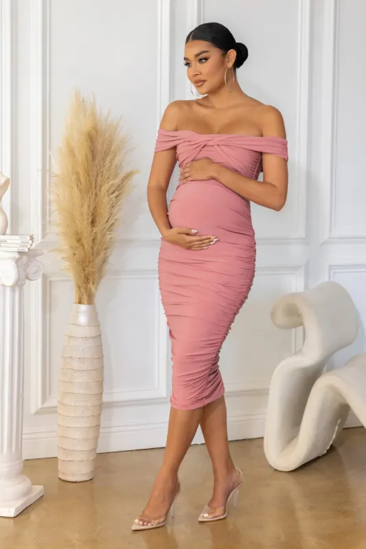 Perfection | Pink Maternity Bardot Knot Ruched Midi Dress sold by Club L London