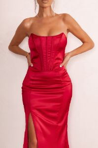 Sensual Notes | Red Satin Strapless Corset Thigh Split Fishtail Maxi Dress sold by Club L London