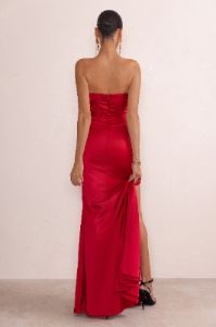 Sensual Notes | Red Satin Strapless Corset Thigh Split Fishtail Maxi Dress sold by Club L London