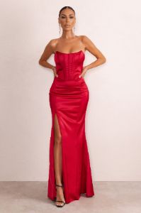 Sensual Notes | Red Satin Strapless Corset Thigh Split Fishtail Maxi Dress sold by Club L London
