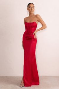 Sensual Notes | Red Satin Strapless Corset Thigh Split Fishtail Maxi Dress sold by Club L London