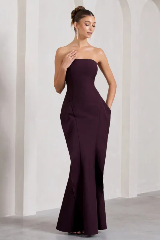 The Real Thing | Plum Strapless Draped Fishtail Maxi Dress sold by Club L London