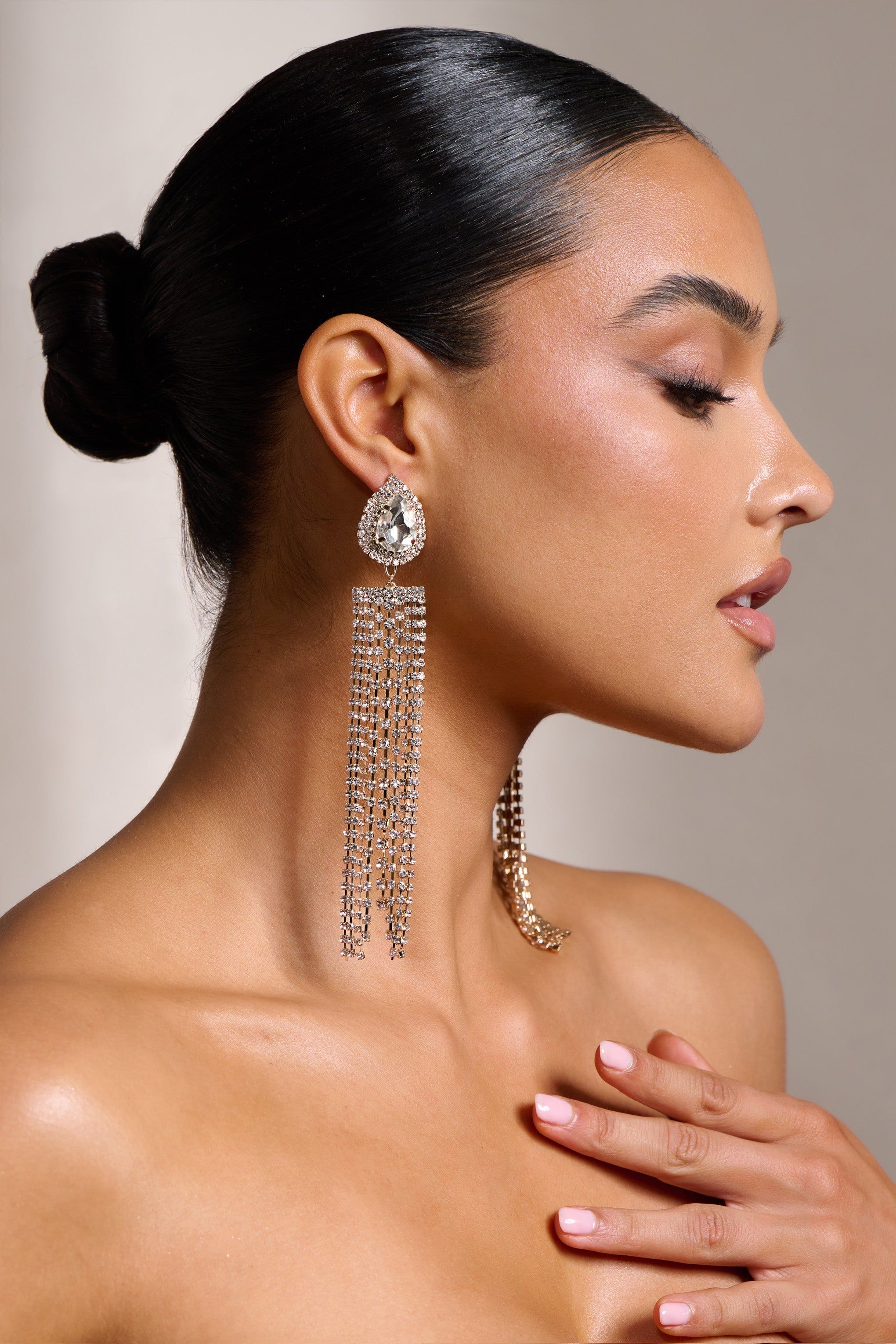 Parker | Silver Diamante Pendant Long Tassel Earrings sold by Club L London product image thumbnail 2
