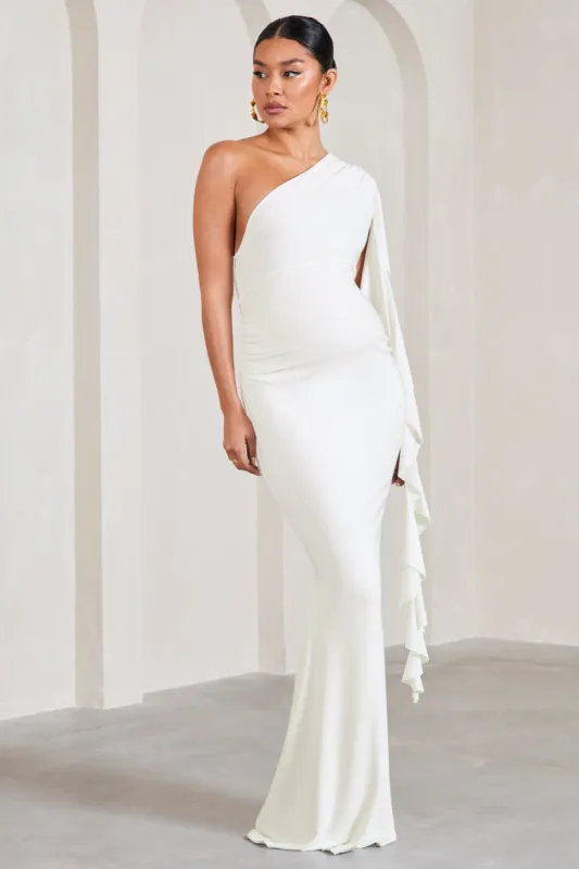Rosalie | White One-Shoulder Maternity Maxi Dress With Ruffles sold by Club L London