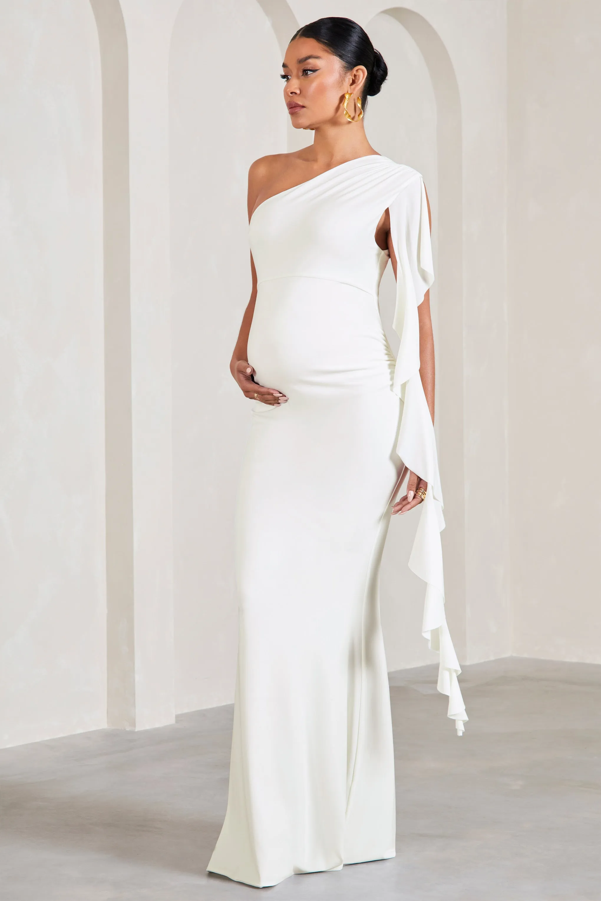 Rosalie | White One-Shoulder Maternity Maxi Dress With Ruffles sold by Club L London product image thumbnail 4