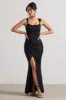 A Romantic | Black Satin Corset Wrap Maxi Dress sold by Club L London