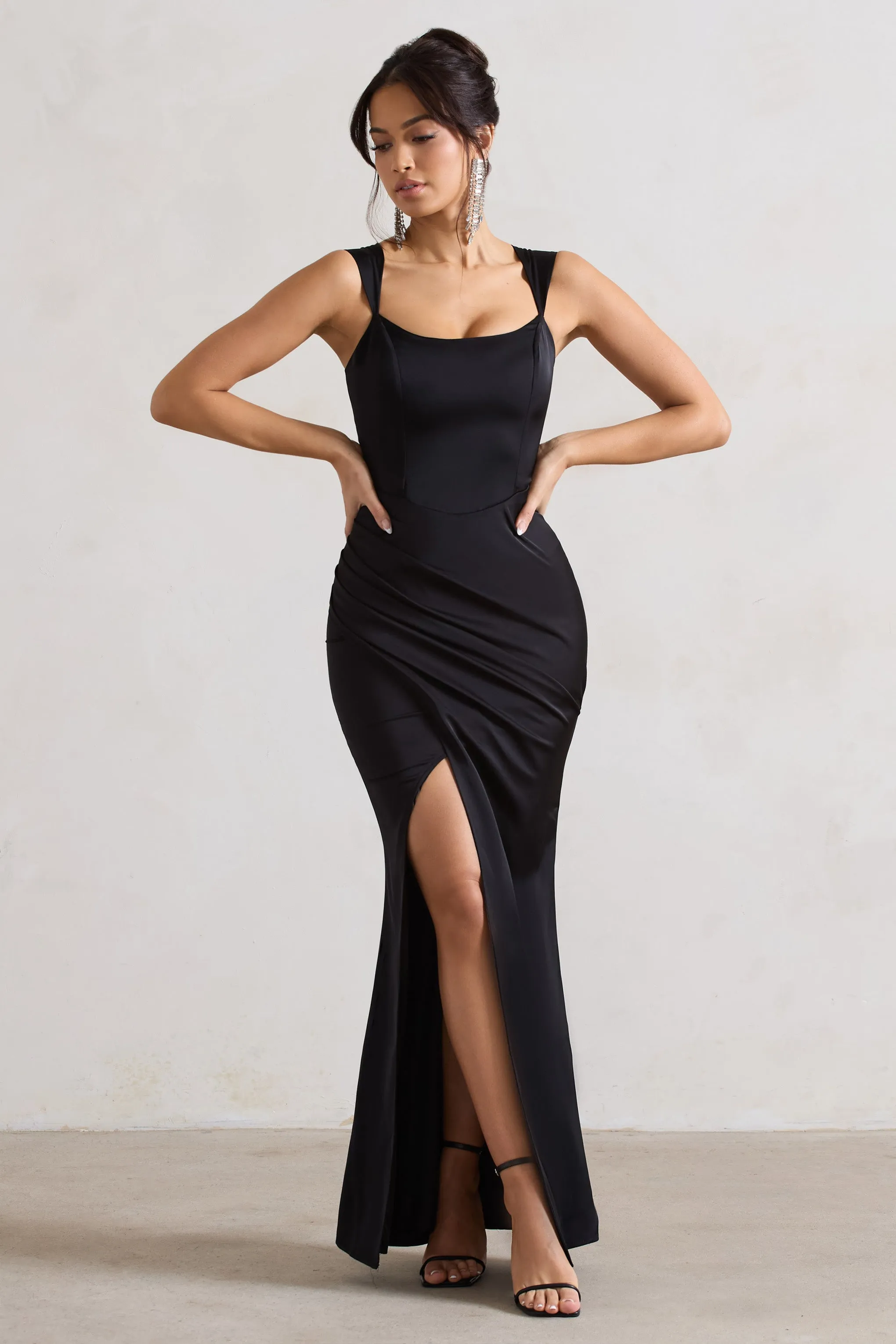 A Romantic | Black Satin Corset Wrap Maxi Dress sold by Club L London product image thumbnail 5