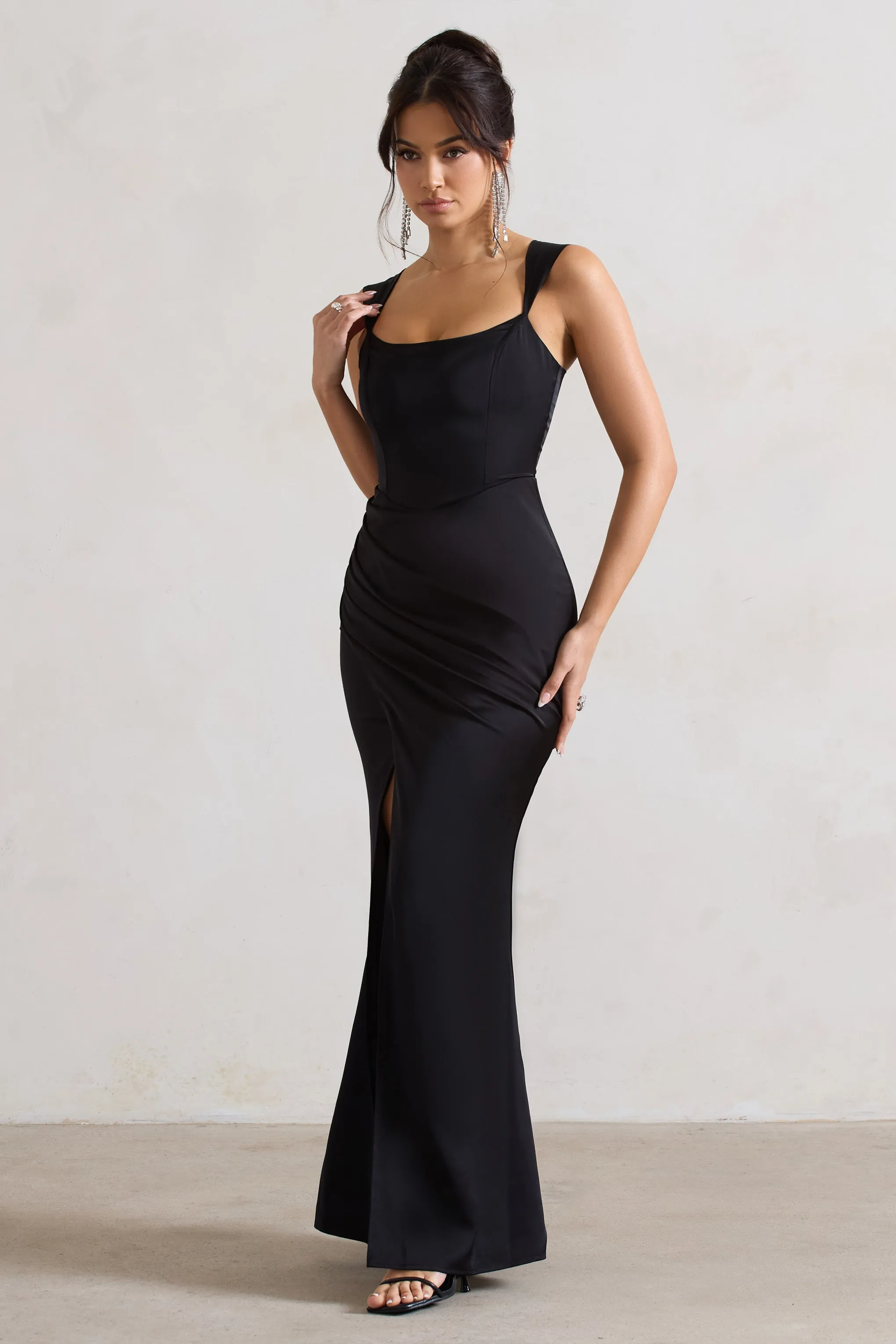 A Romantic | Black Satin Corset Wrap Maxi Dress sold by Club L London product image thumbnail 4
