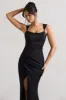 A Romantic | Black Satin Corset Wrap Maxi Dress sold by Club L London
