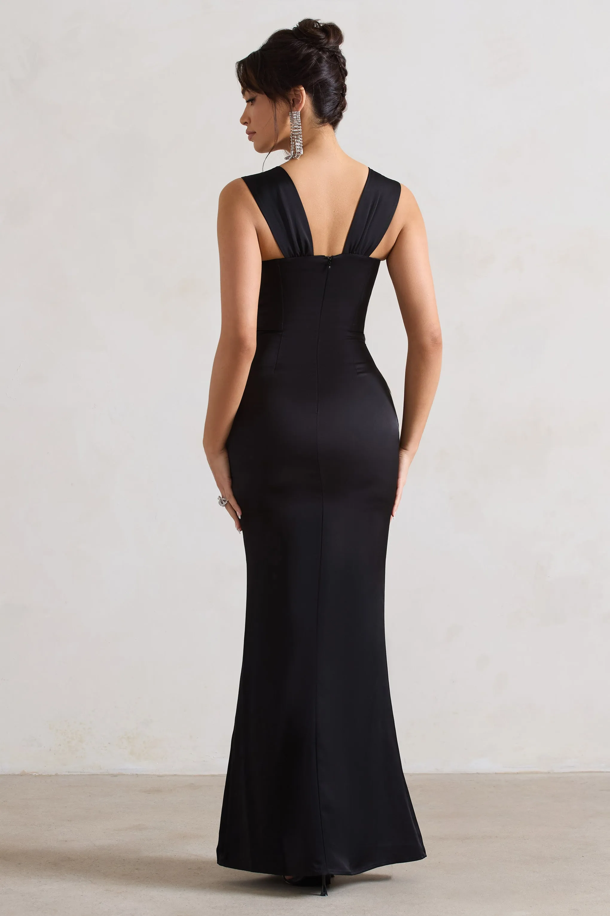A Romantic | Black Satin Corset Wrap Maxi Dress sold by Club L London product image thumbnail 2