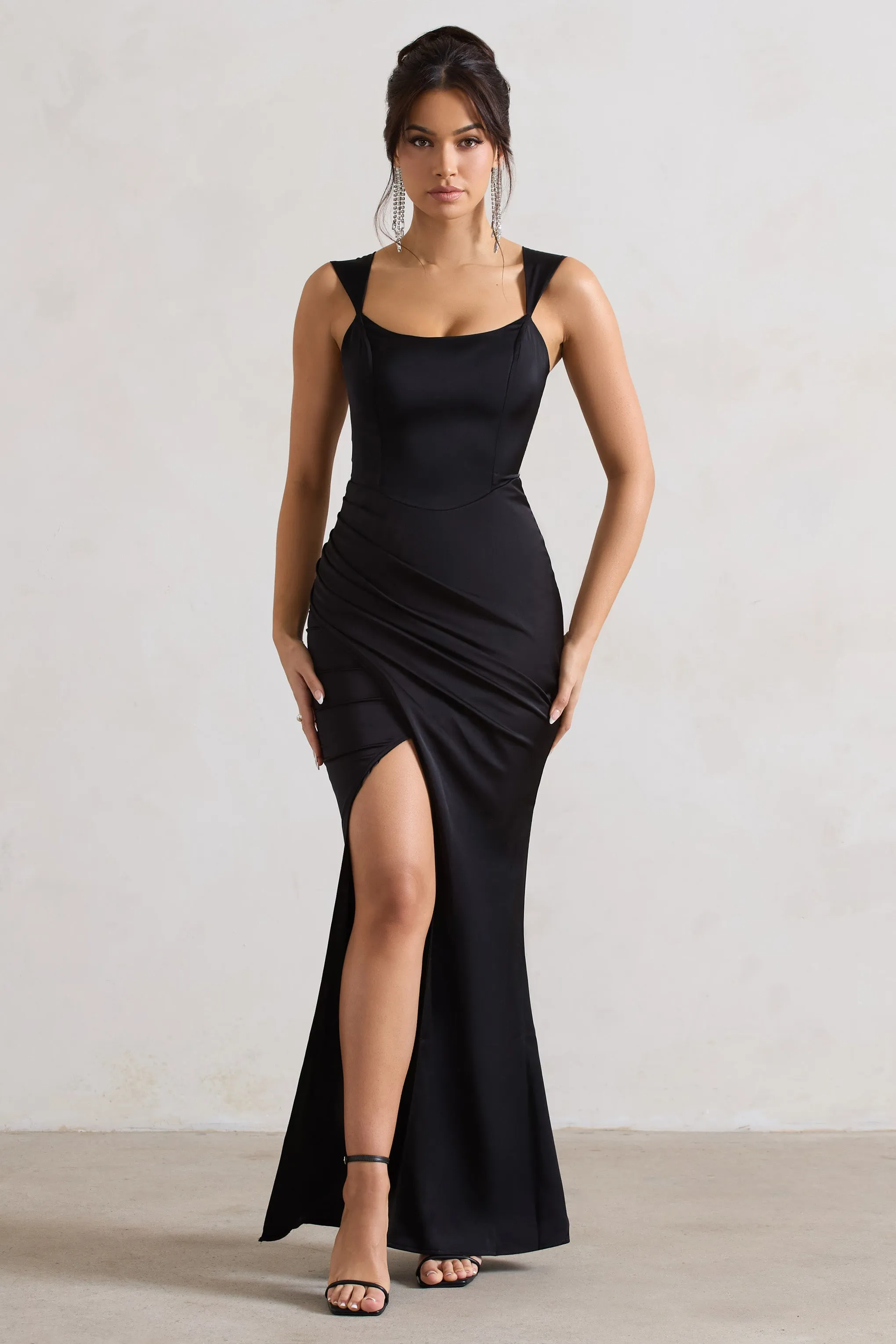 A Romantic | Black Satin Corset Wrap Maxi Dress sold by Club L London