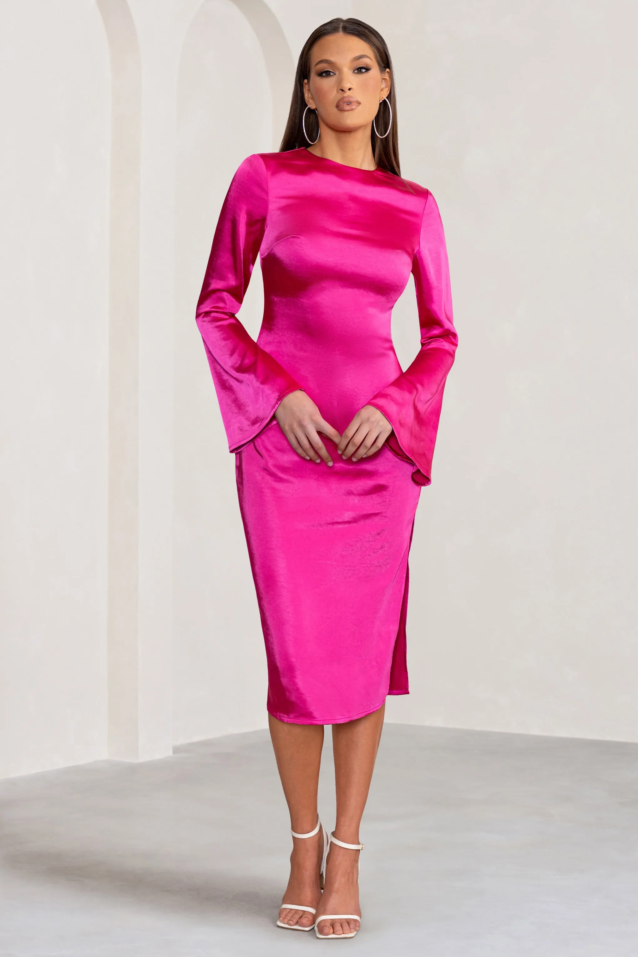 Zaina | Hot Pink Long Sleeve Midi Dress with High Neckline sold by Club L London