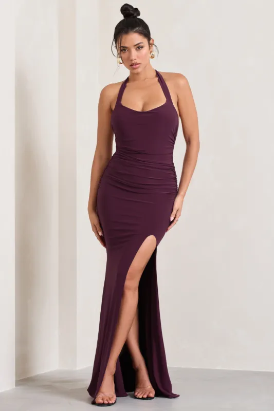Idol | Burgundy Halter-Neck Split Maxi Dress sold by Club L London