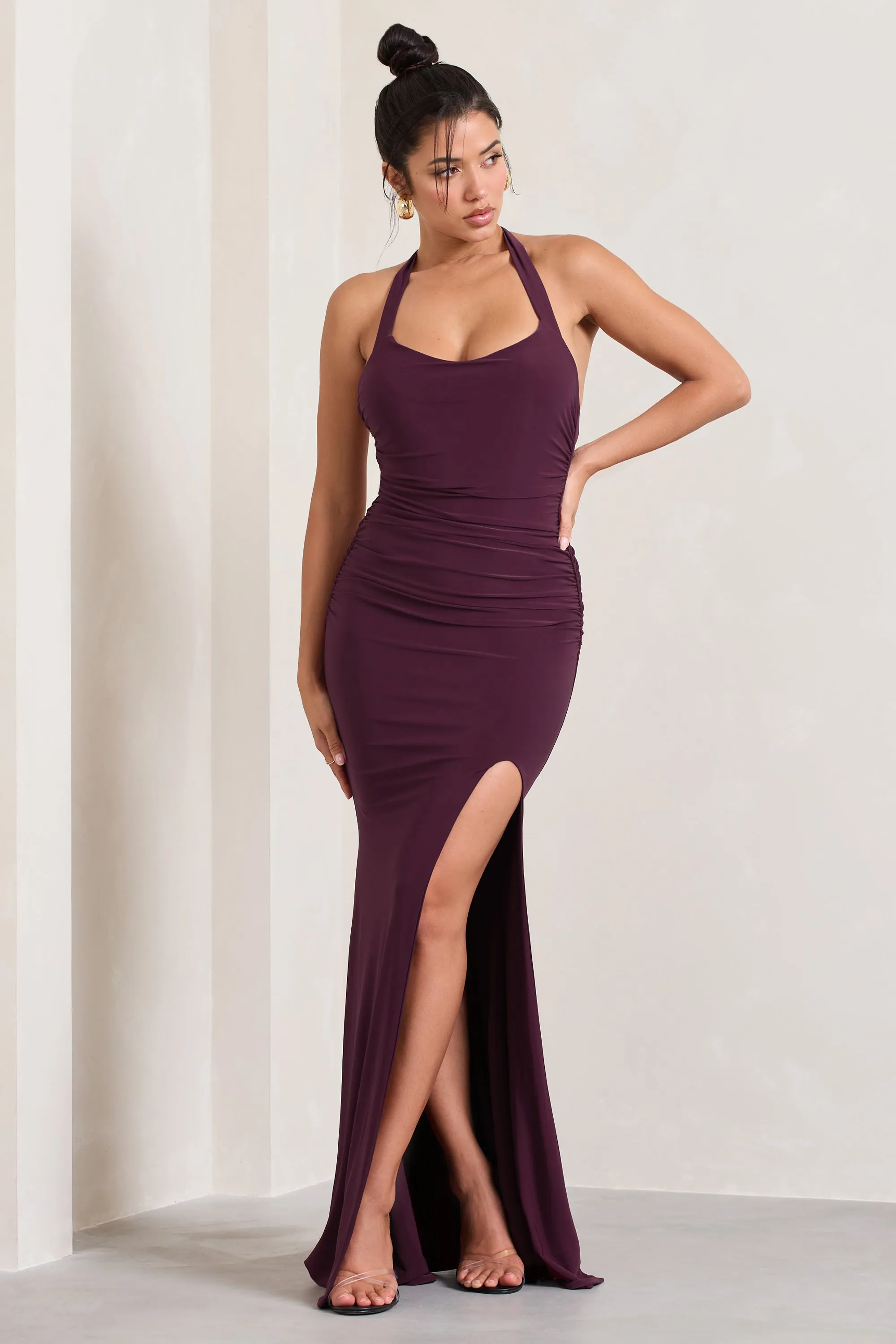 Idol | Burgundy Halter-Neck Split Maxi Dress sold by Club L London product image thumbnail 5