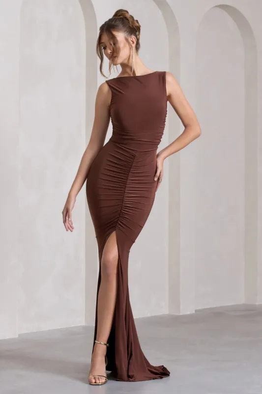 My Presence | Chocolate Brown Low-Back Fishtail Split Maxi Dress sold by Club L London