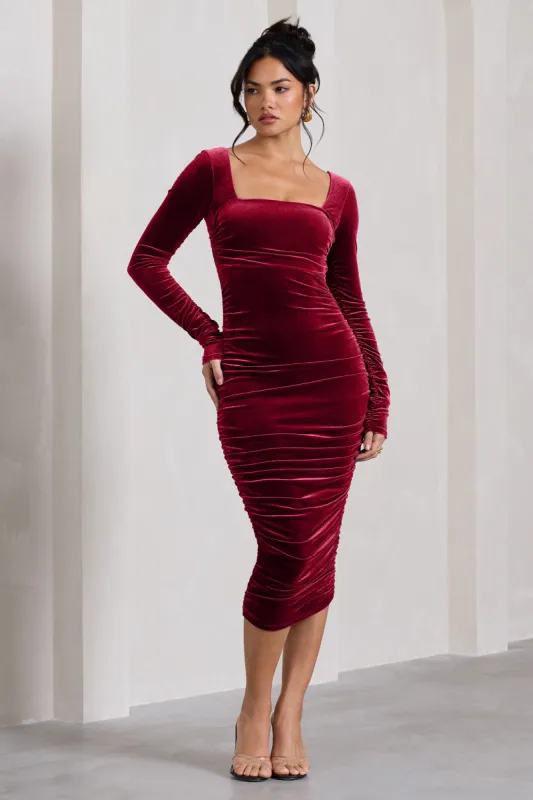 Seductress | Berry Velvet Square Neck Bodycon Midi Dress With Long Sleeves sold by Club L London