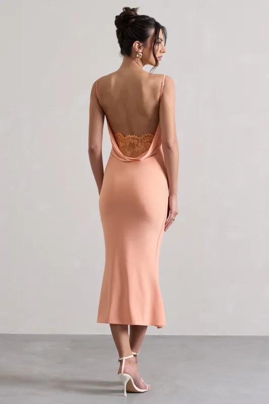 Addison | Coral Cowl-Neck Open-Back Midi Dress With Lace made by Club L London
