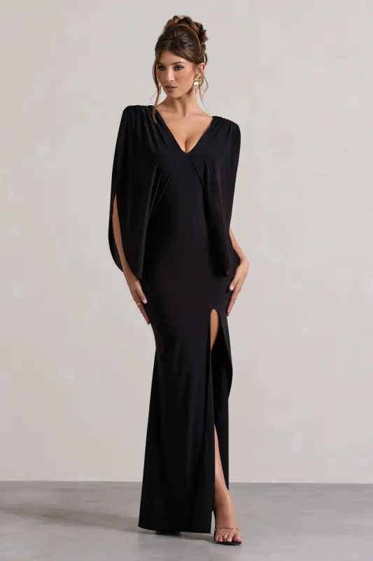 Perry | Black V-Neck Cape Sleeve Split Maxi Dress sold by Club L London