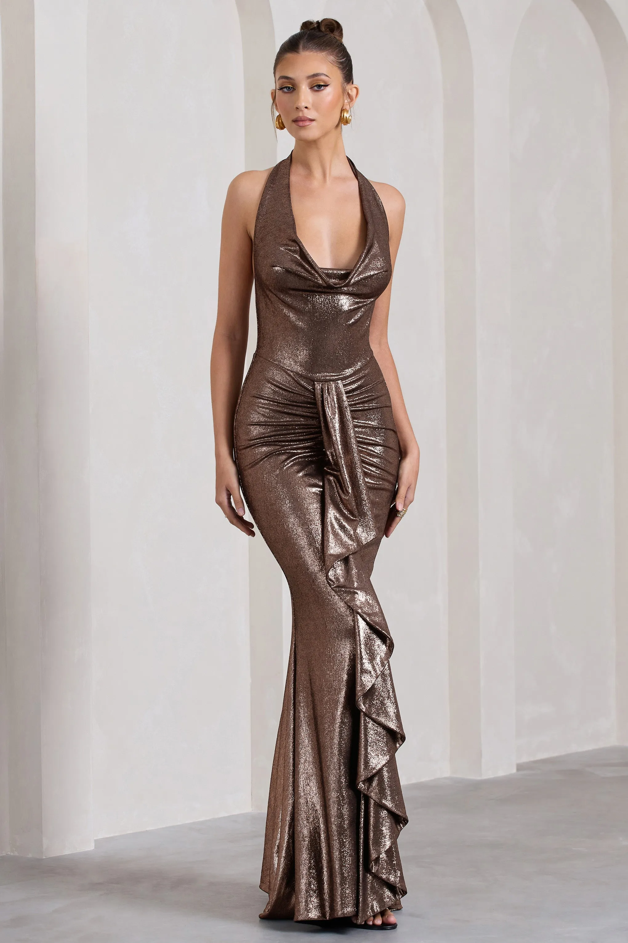 Kaia | Bronze Metallic Ruched Cowl-Neck Maxi Dress With Drape sold by Club L London product image thumbnail 5