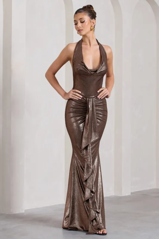 Kaia | Bronze Metallic Ruched Cowl-Neck Maxi Dress With Drape sold by Club L London