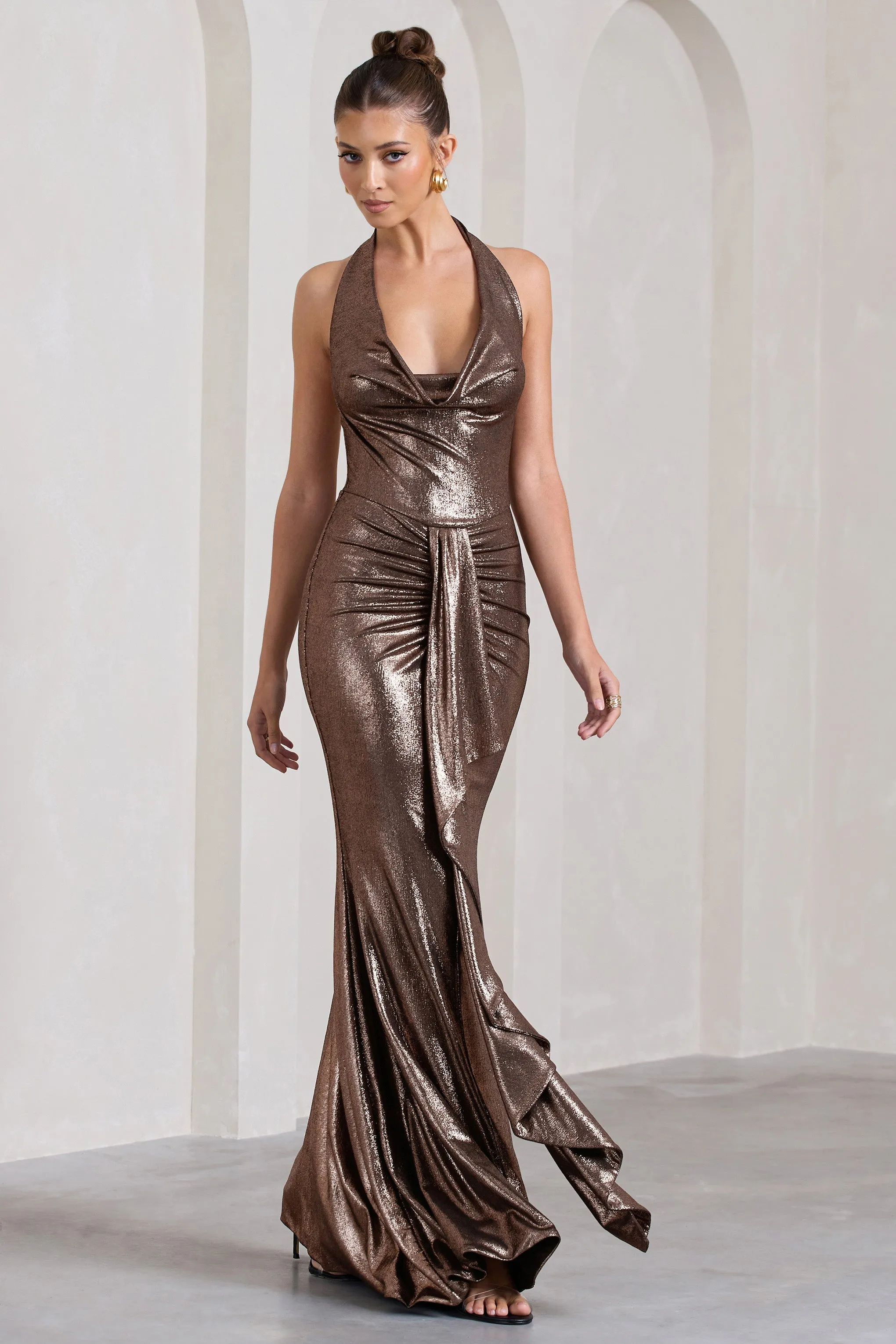 Kaia | Bronze Metallic Ruched Cowl-Neck Maxi Dress With Drape sold by Club L London product image thumbnail 4