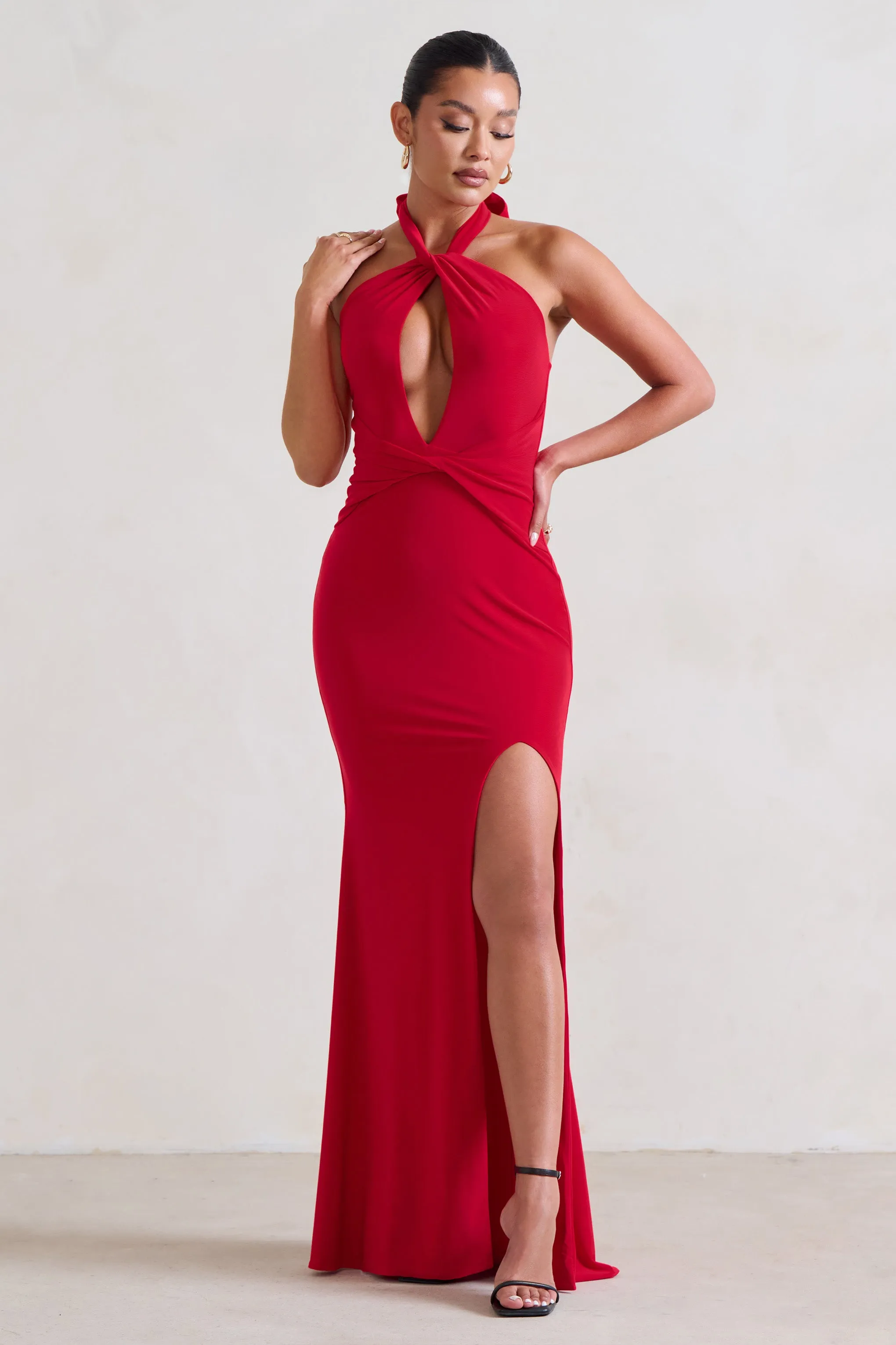 Luxuria | Red Halter Cut Out Maxi Dress sold by Club L London