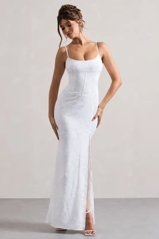 Intimacy | White Lace Corset Split Maxi Dress sold by Club L London