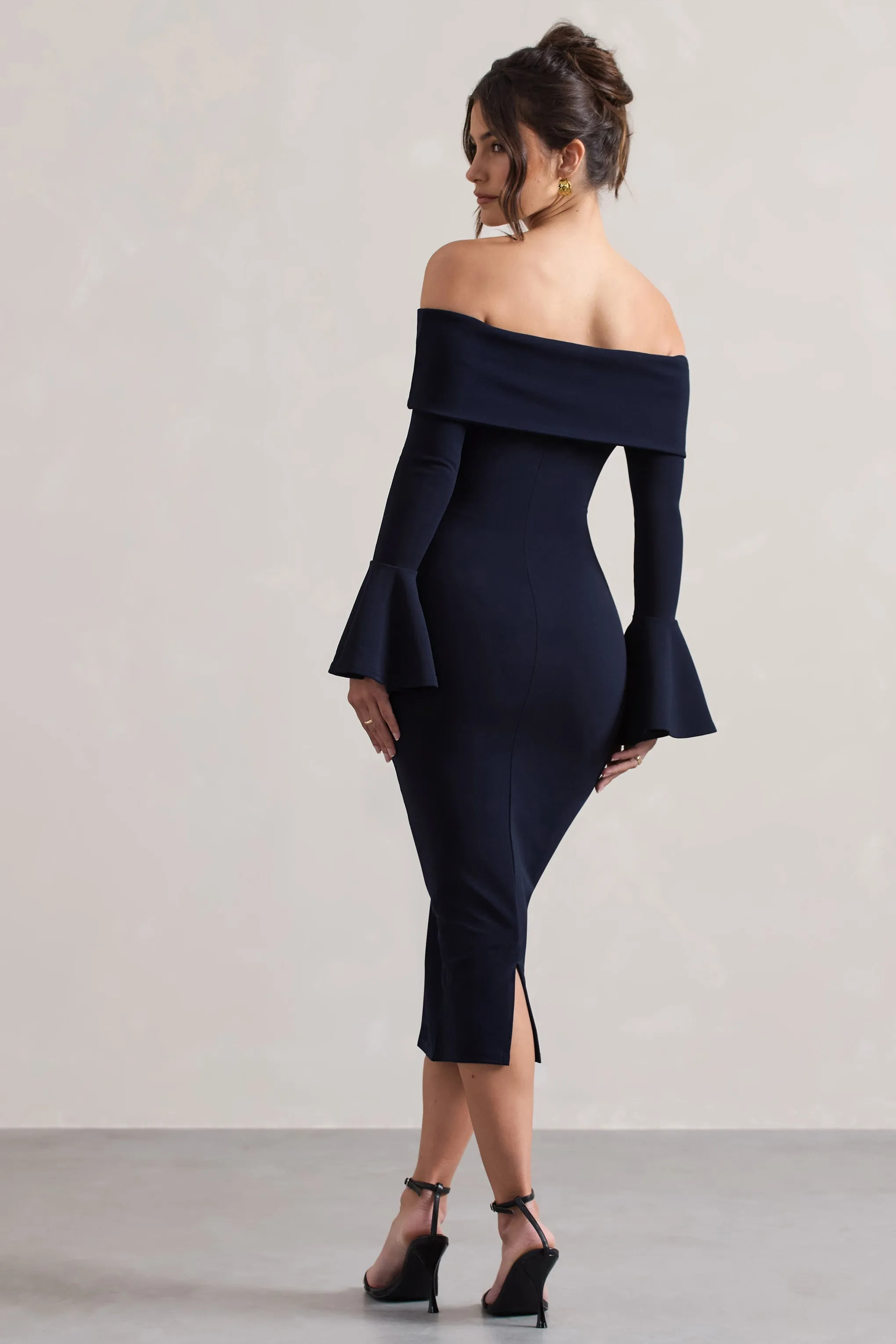 Emma | Navy Bardot Flared-Sleeve Midi Dress sold by Club L London product image thumbnail 2
