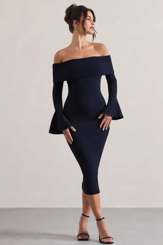 Emma | Navy Bardot Flared-Sleeve Midi Dress sold by Club L London