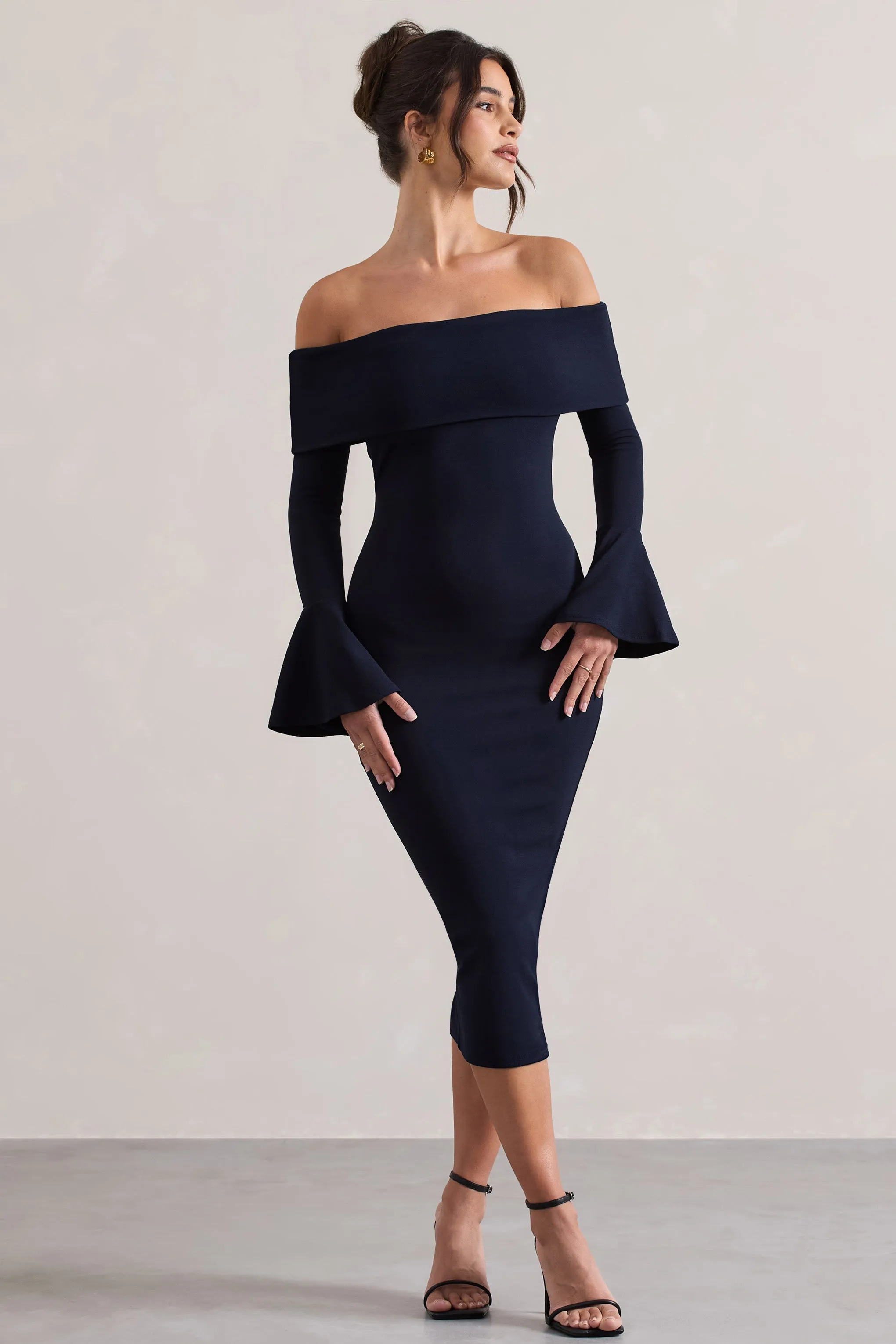 Emma | Navy Bardot Flared-Sleeve Midi Dress sold by Club L London