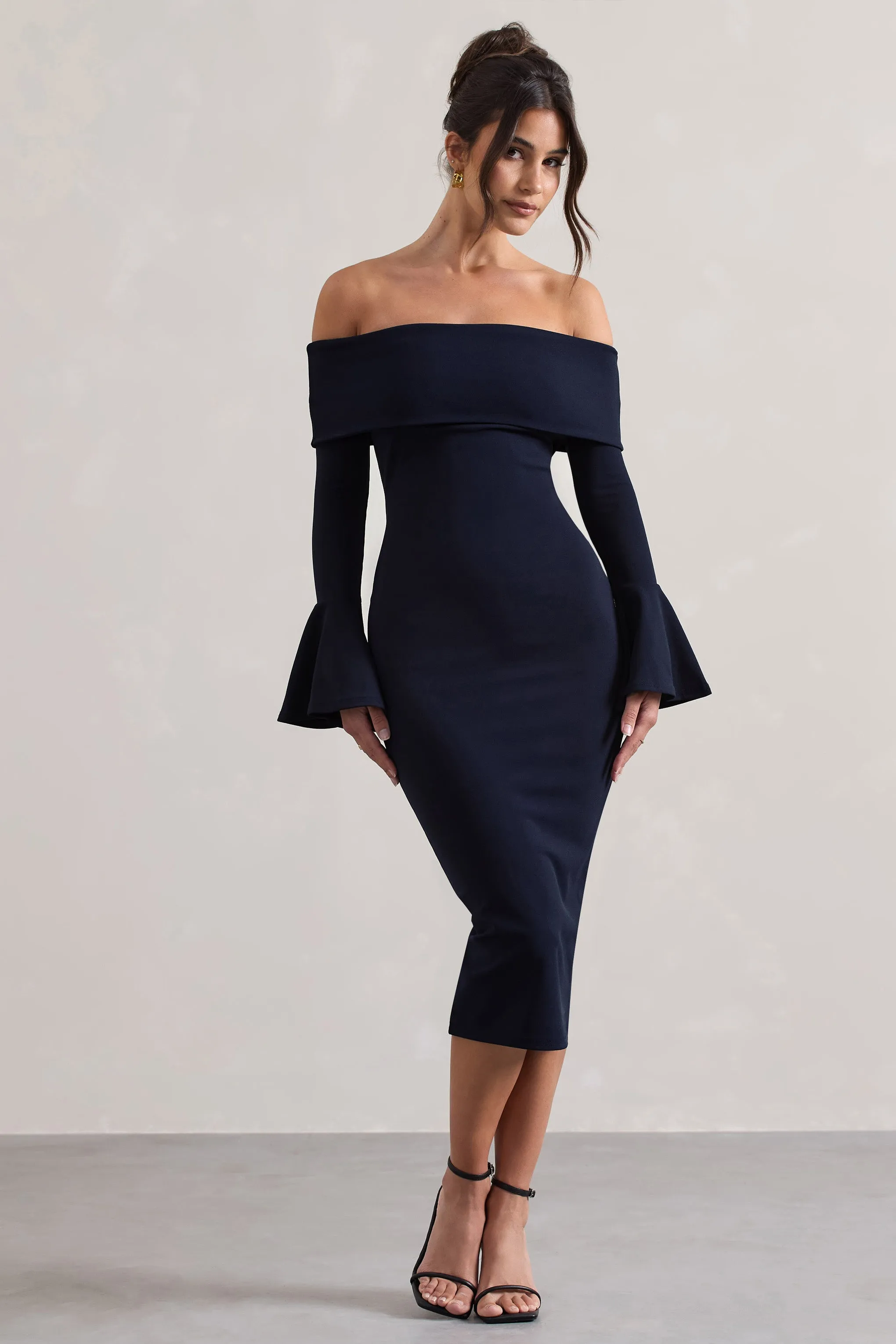 Emma | Navy Bardot Flared-Sleeve Midi Dress sold by Club L London product image thumbnail 5