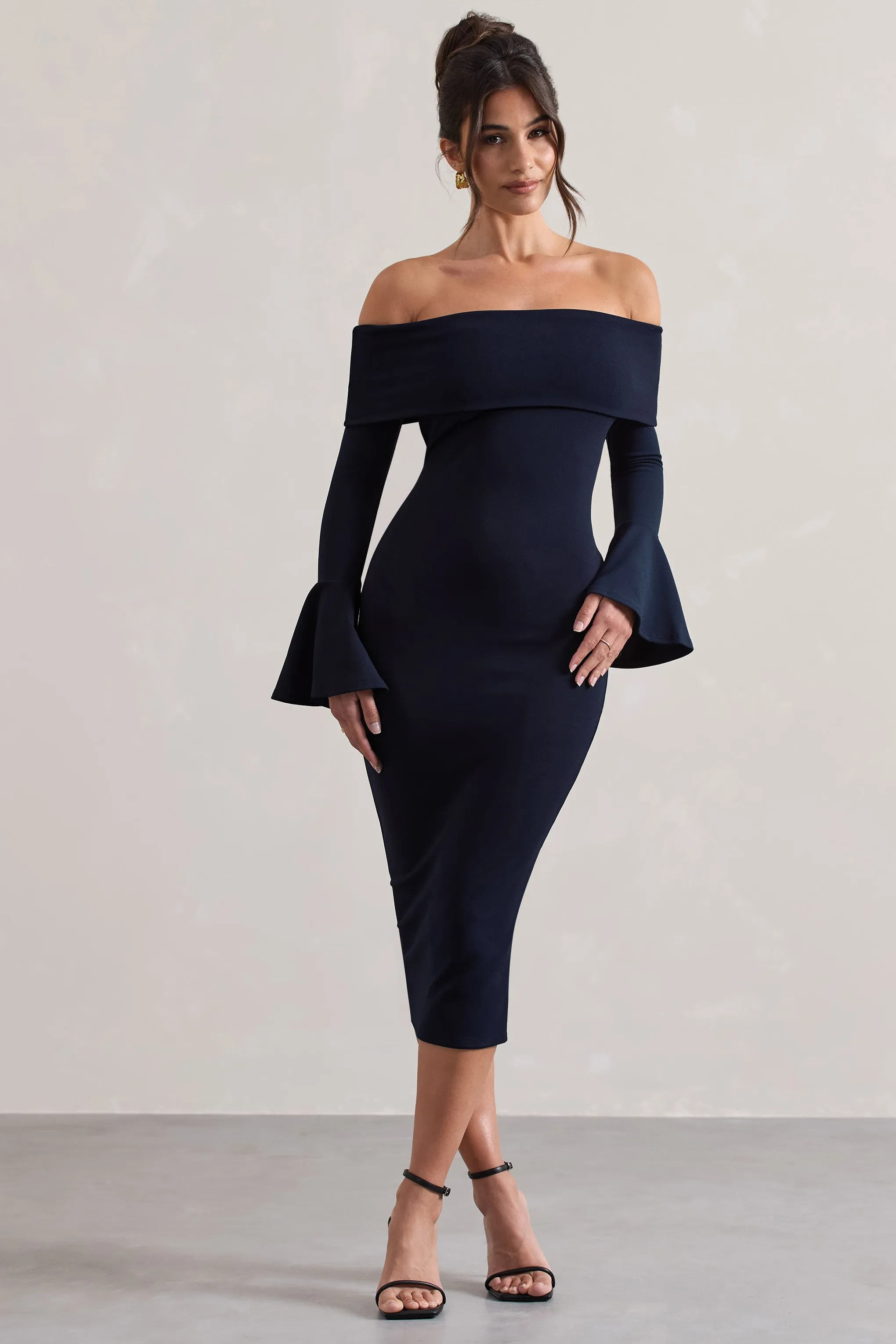 Emma | Navy Bardot Flared-Sleeve Midi Dress sold by Club L London product image thumbnail 4