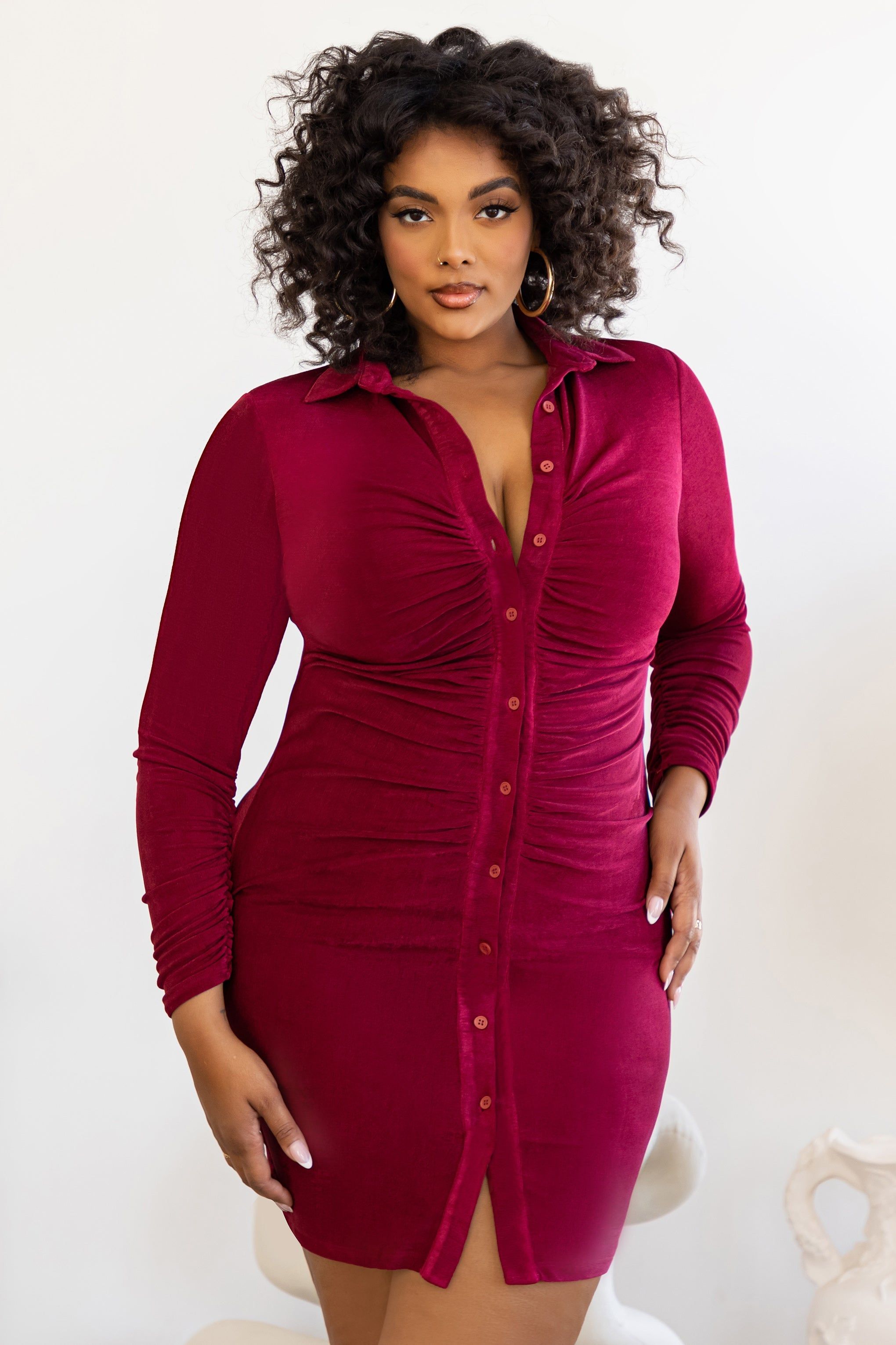One To Remember | Plus Berry Bodycon Ruched Long Sleeve Shirt Mini Dress sold by Club L London product image thumbnail 4