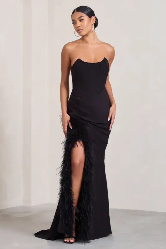 Say Yes | Black Corset Maxi Dress With Split Feather Skirt sold by Club L London